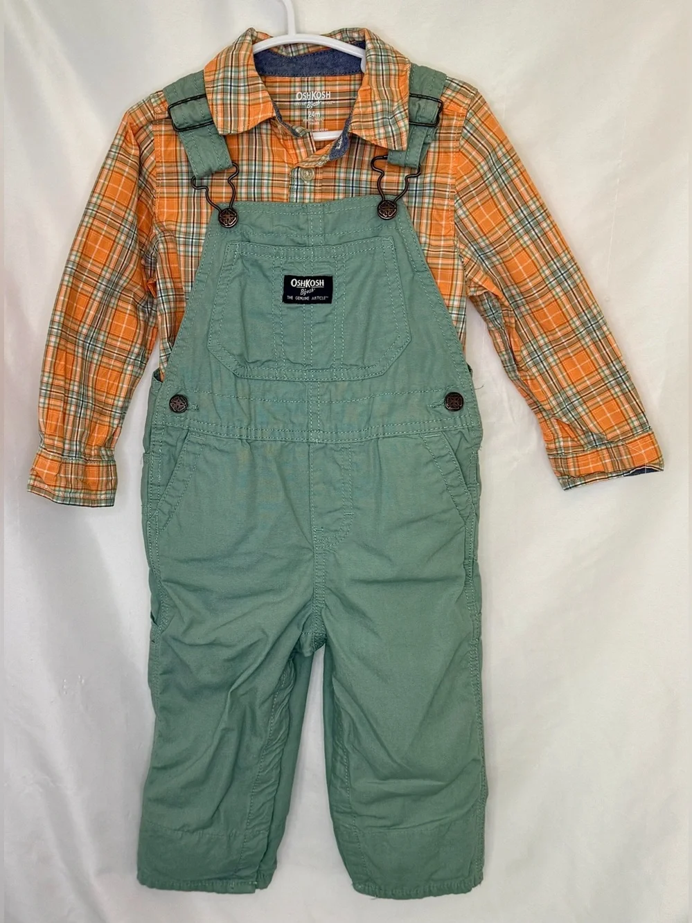 OshKosh B'gosh Green Overalls with Orange Plaid Shirt New Never Worn